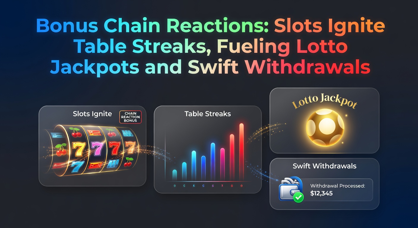 Vibrant slot machine reels spinning with cascading bonuses linking to table games and lottery tickets in a dynamic casino scene