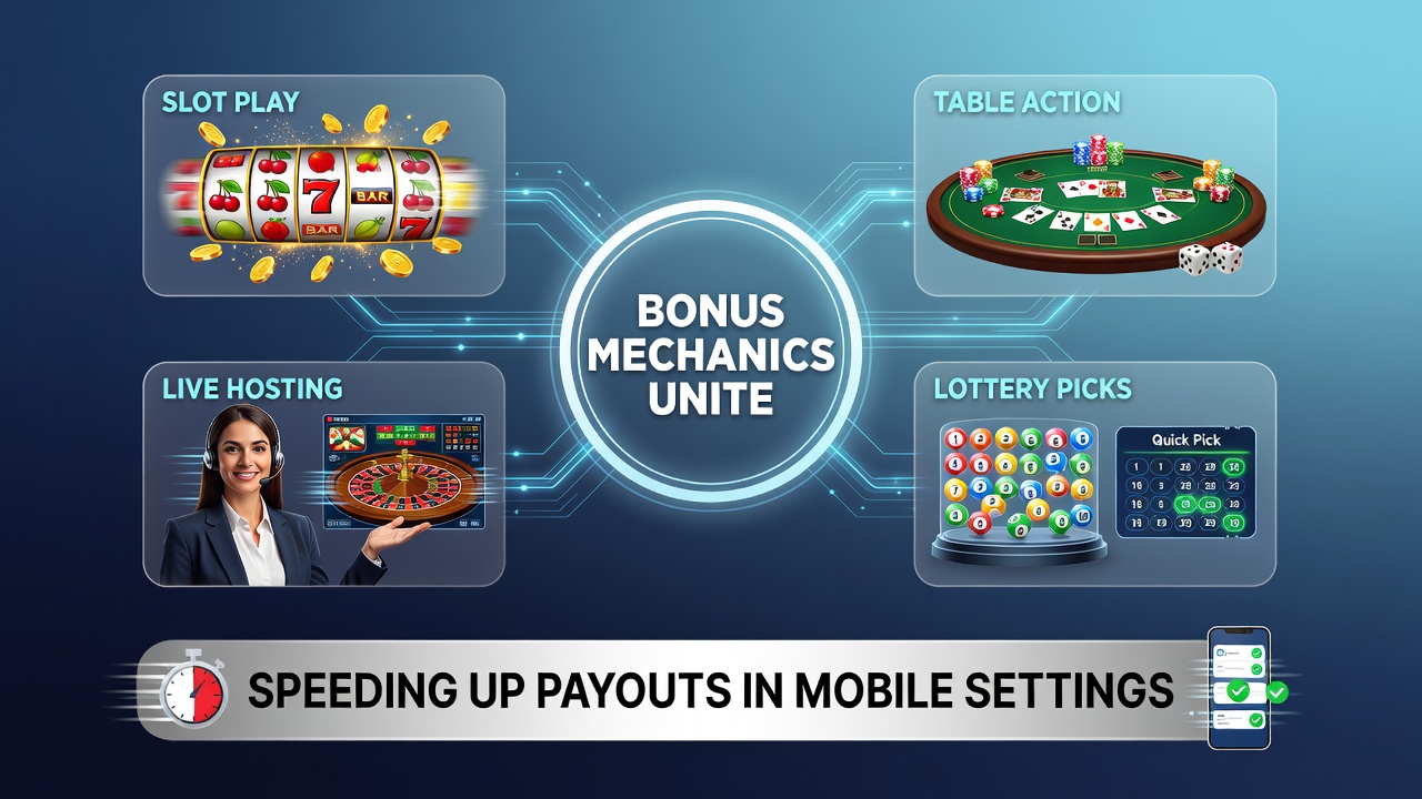 Mobile casino interface displaying interconnected bonus features across slots, table games, and lottery options