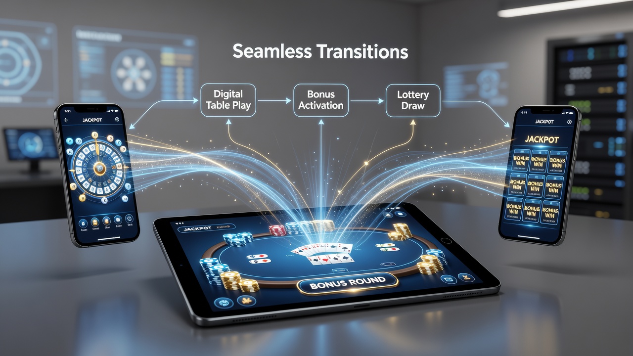 Mobile device displaying integrated table game and lottery interfaces with active bonus indicators