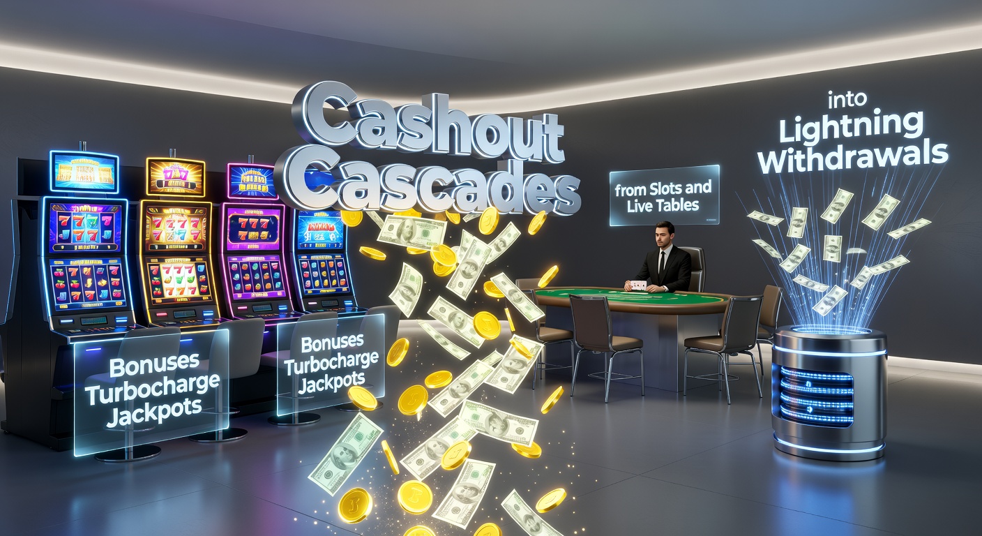 Vibrant slot machine reels spinning with cascading bonus symbols and glowing jackpot meters, alongside a live dealer table showing stacked chips and quick payout notifications