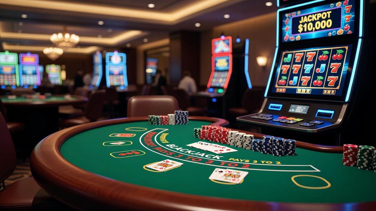 Overview of various casino game tables and slot machines in a bustling gaming hall