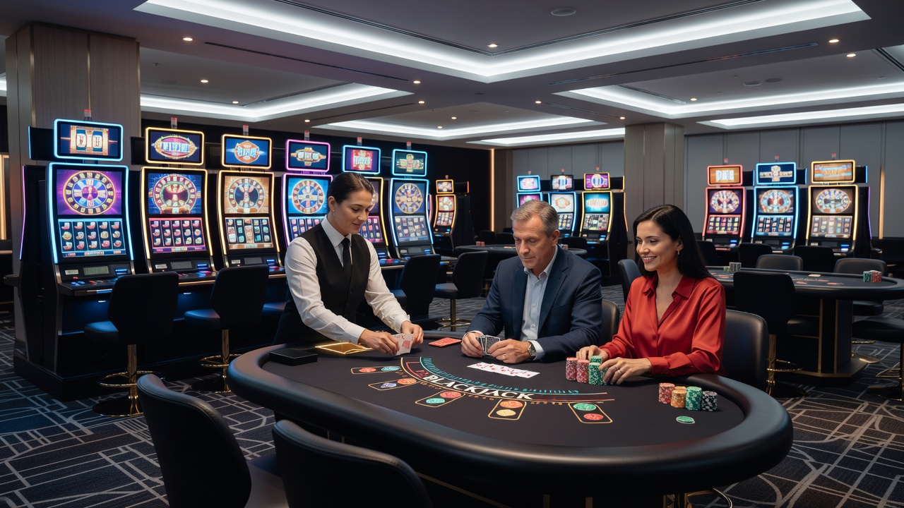 Live dealer casino setup with professional croupiers managing roulette and blackjack tables