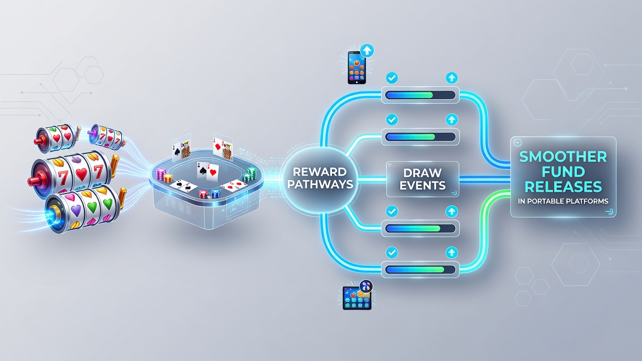 Mobile gaming interface showing interconnected reward pathways across slots, live dealer tables, and lottery draws