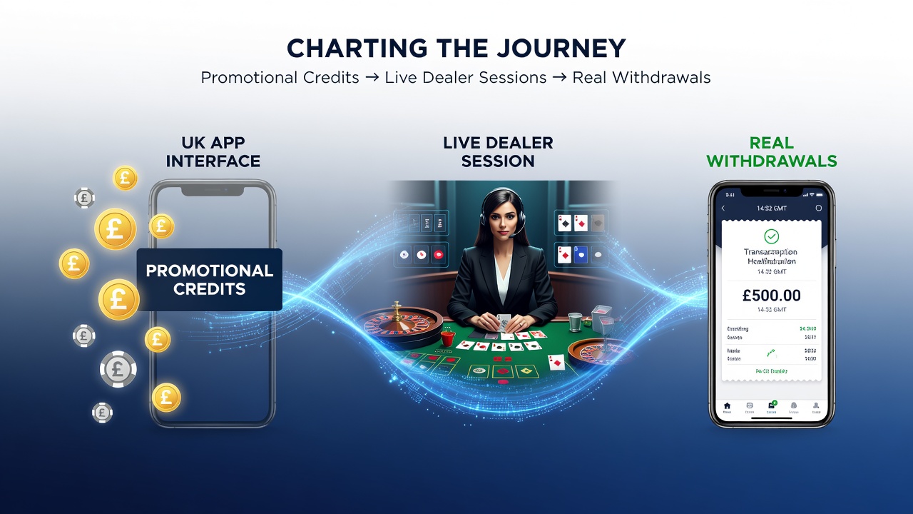 Illustration showing the progression of promotional credits through live dealer sessions toward verified withdrawals on a UK mobile app interface