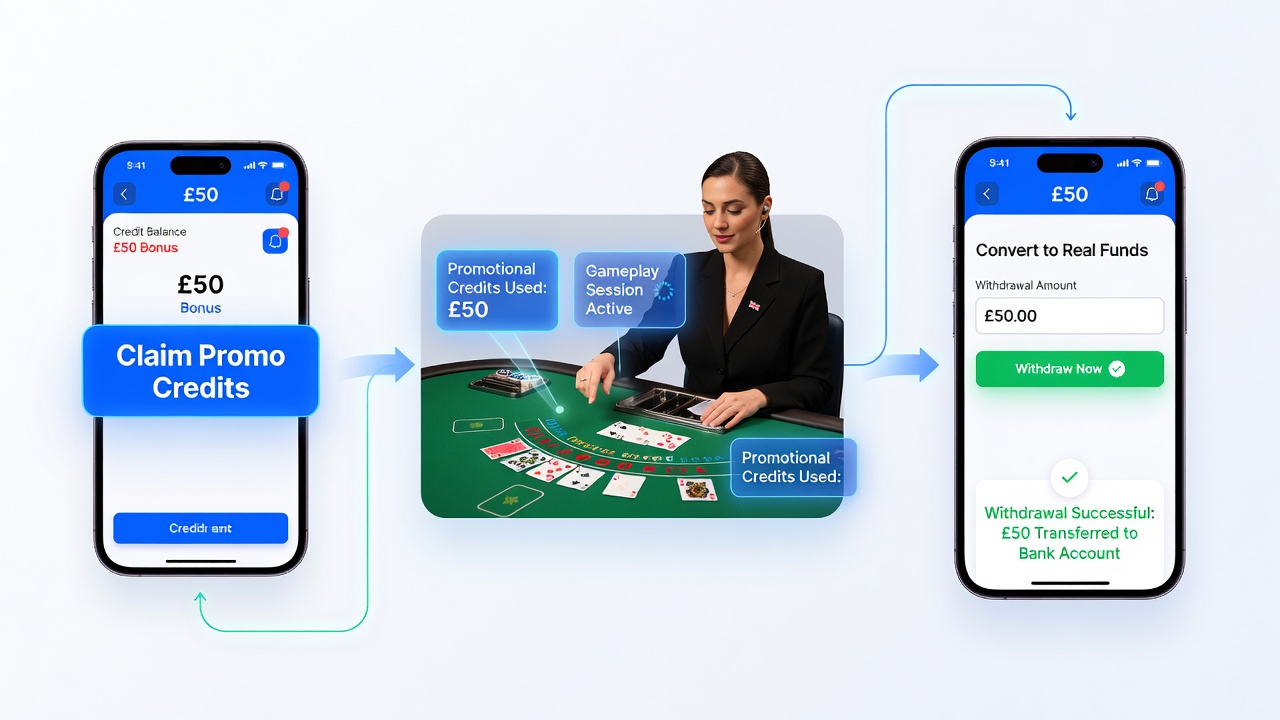 Screenshot of a UK app dashboard displaying converted promotional credits ready for withdrawal after a completed live dealer session