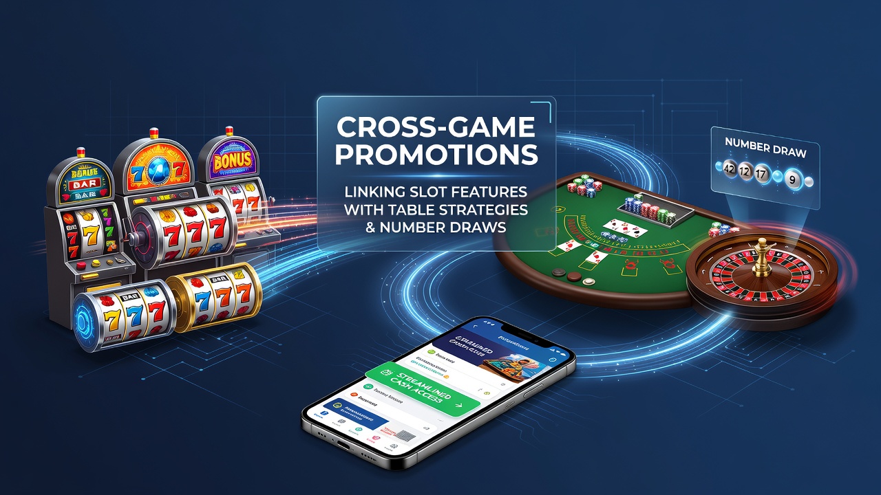 Mobile casino interface showing connected slot, table, and lottery features on a smartphone screen