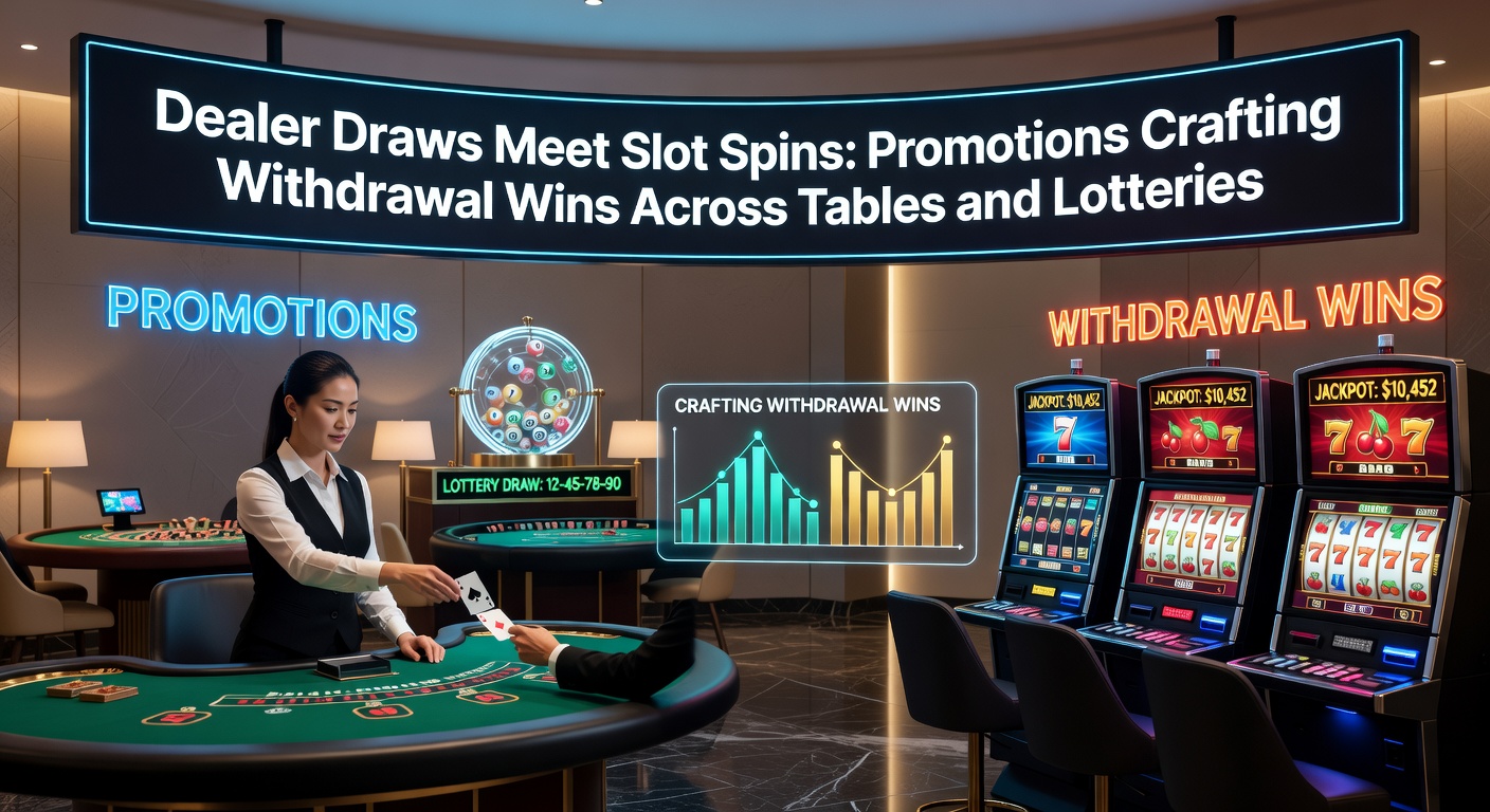 Vibrant casino floor showing slot machines lighting up next to live dealer tables, with lottery draws in the background, illustrating interconnected promotions