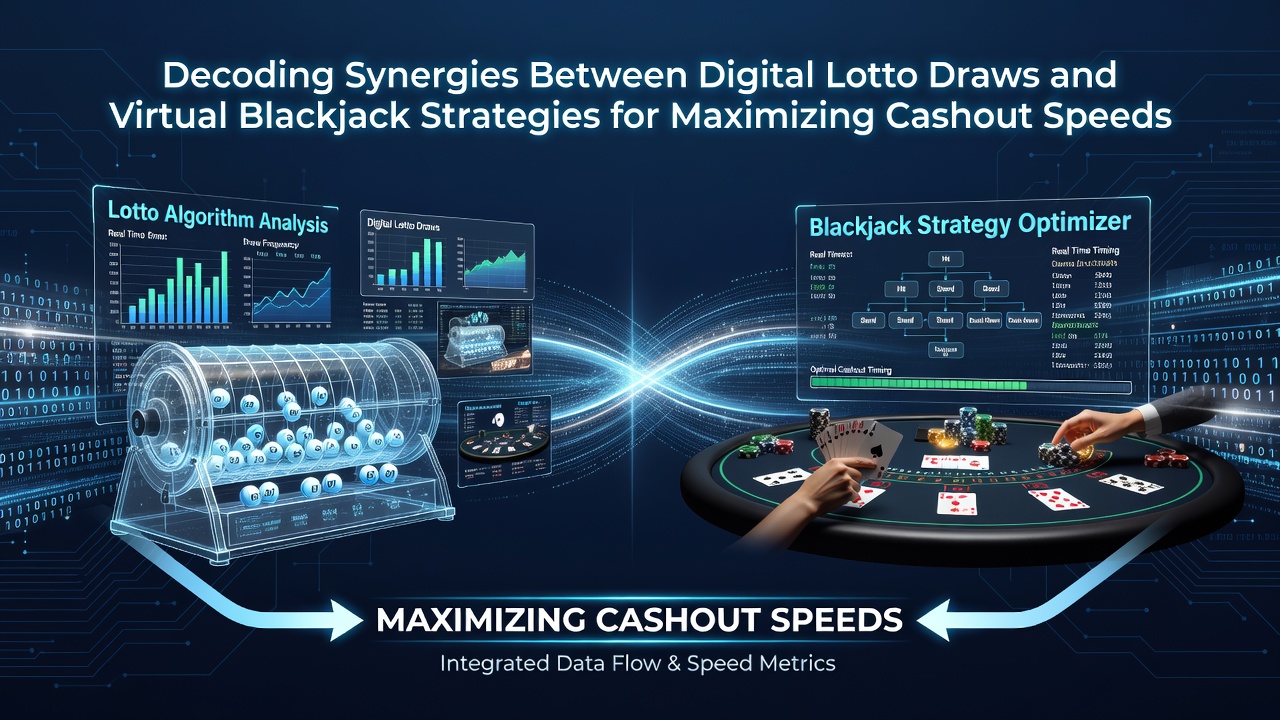 Digital interface showing integrated lotto draw results alongside virtual blackjack table with payout indicators