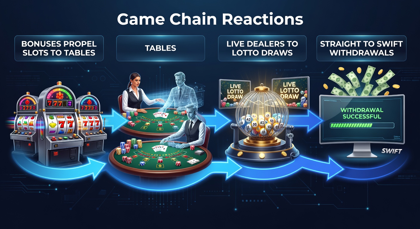 Vibrant digital cascade of slot reels morphing into table games, live dealer streams, and glowing lotto draws with swift cashout icons