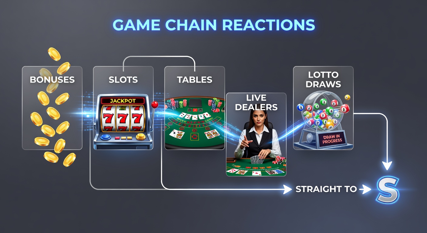 Dynamic live dealer at a table with slot bonus overlays transitioning to lotto ticket animations and instant withdrawal streams