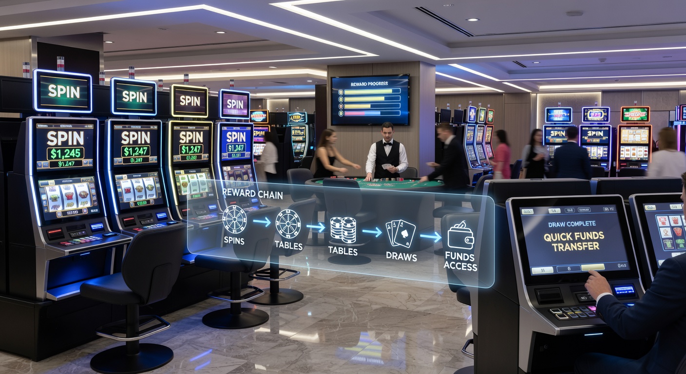 Illustration of players engaging with linked slot, table, and draw systems leading to streamlined cashout processes