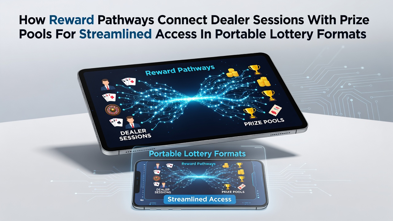Mobile lottery interface showing integrated dealer session rewards flowing into portable prize pools
