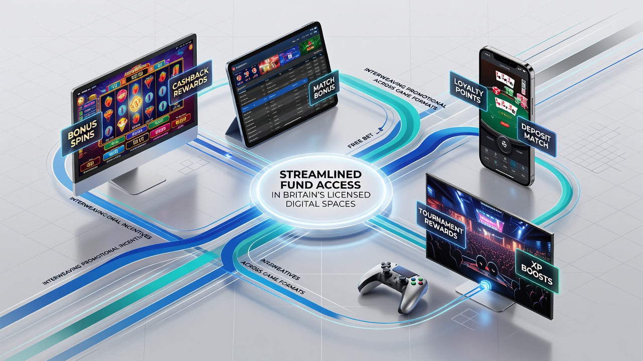 Digital interface showing interconnected promotional elements between slot machines, table games, and lottery draws on a licensed UK platform