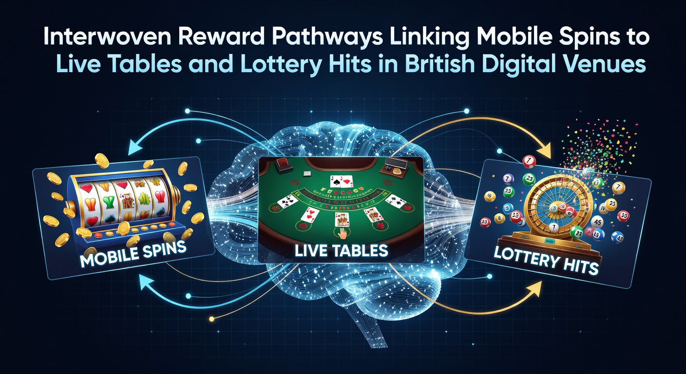 Illustration of interconnected gaming reward systems across mobile slots, live tables, and lottery draws in British digital venues
