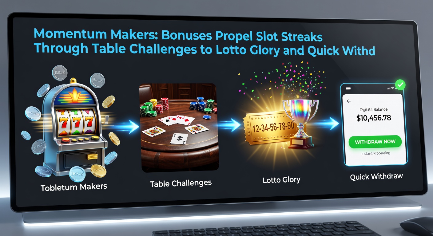 Digital graphic illustrating a chain reaction: slot reels exploding into table cards, then lottery balls, ending in a cashout icon, symbolizing bonus momentum across games