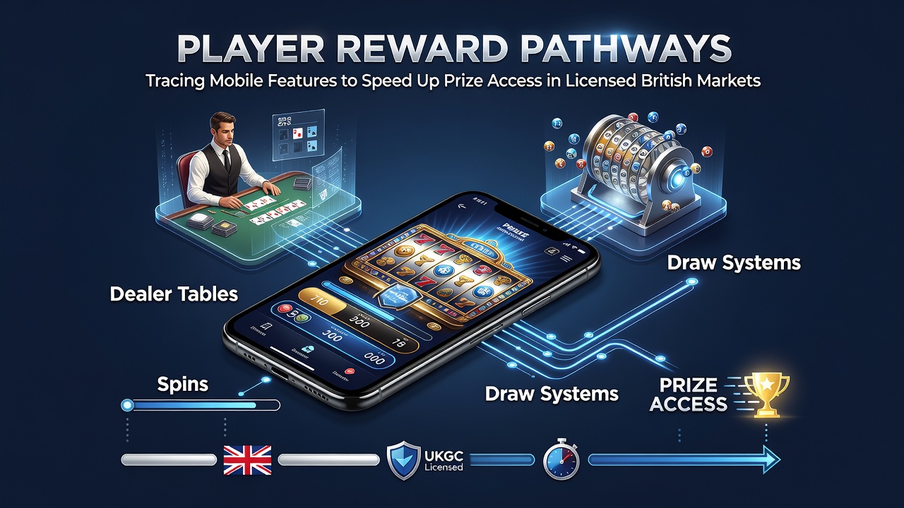 Mobile casino app interface displaying connected slot spins, live dealer tables, and lottery draw options for unified prize tracking