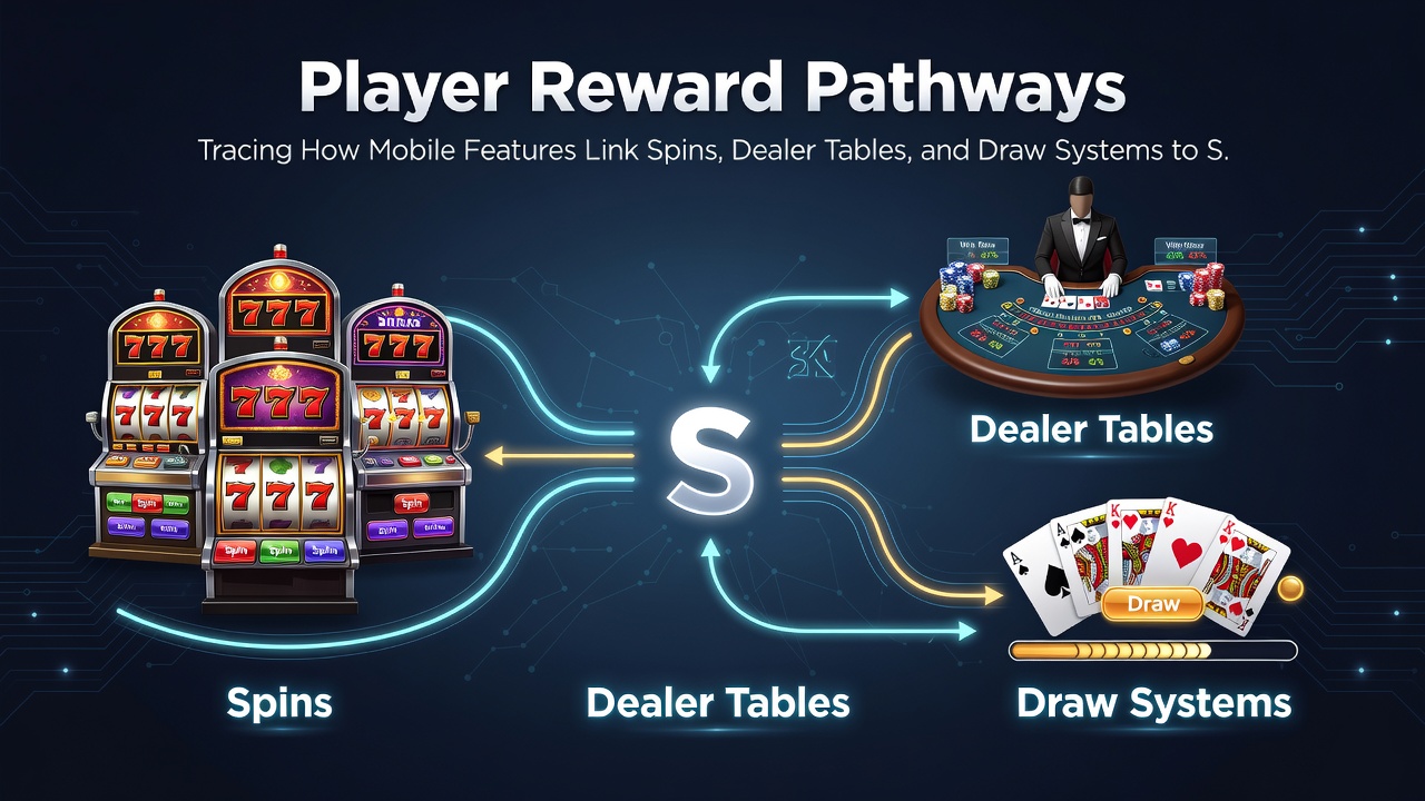 Flowchart graphic illustrating how mobile reward points move from slots to live tables and lottery draws before reaching withdrawal