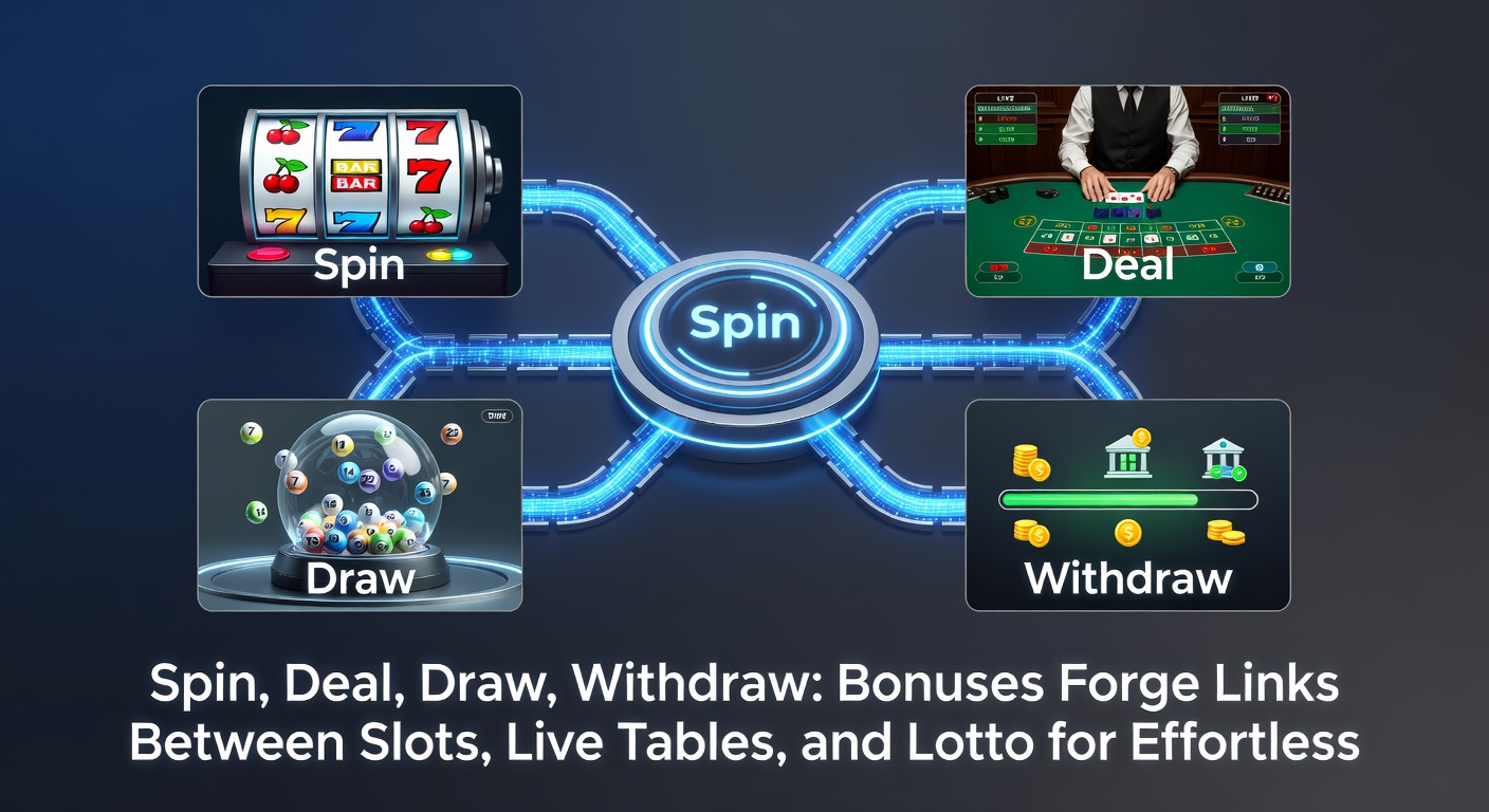 Dynamic casino floor showing slots, live dealer tables, and lotto draws interconnected by glowing bonus trails leading to a fast cashout terminal