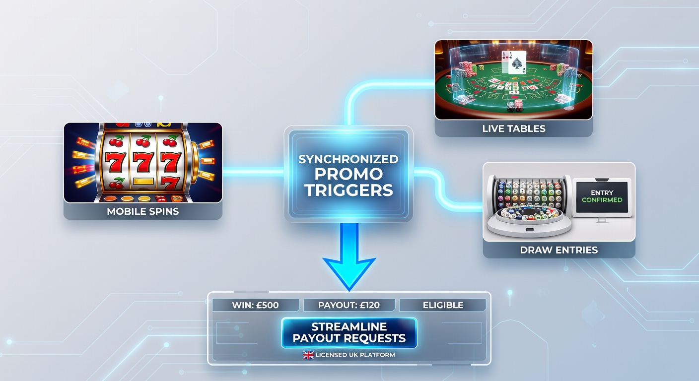 Illustration of synchronized mobile spins connecting to live dealer tables and lottery draw entries on a British casino platform interface
