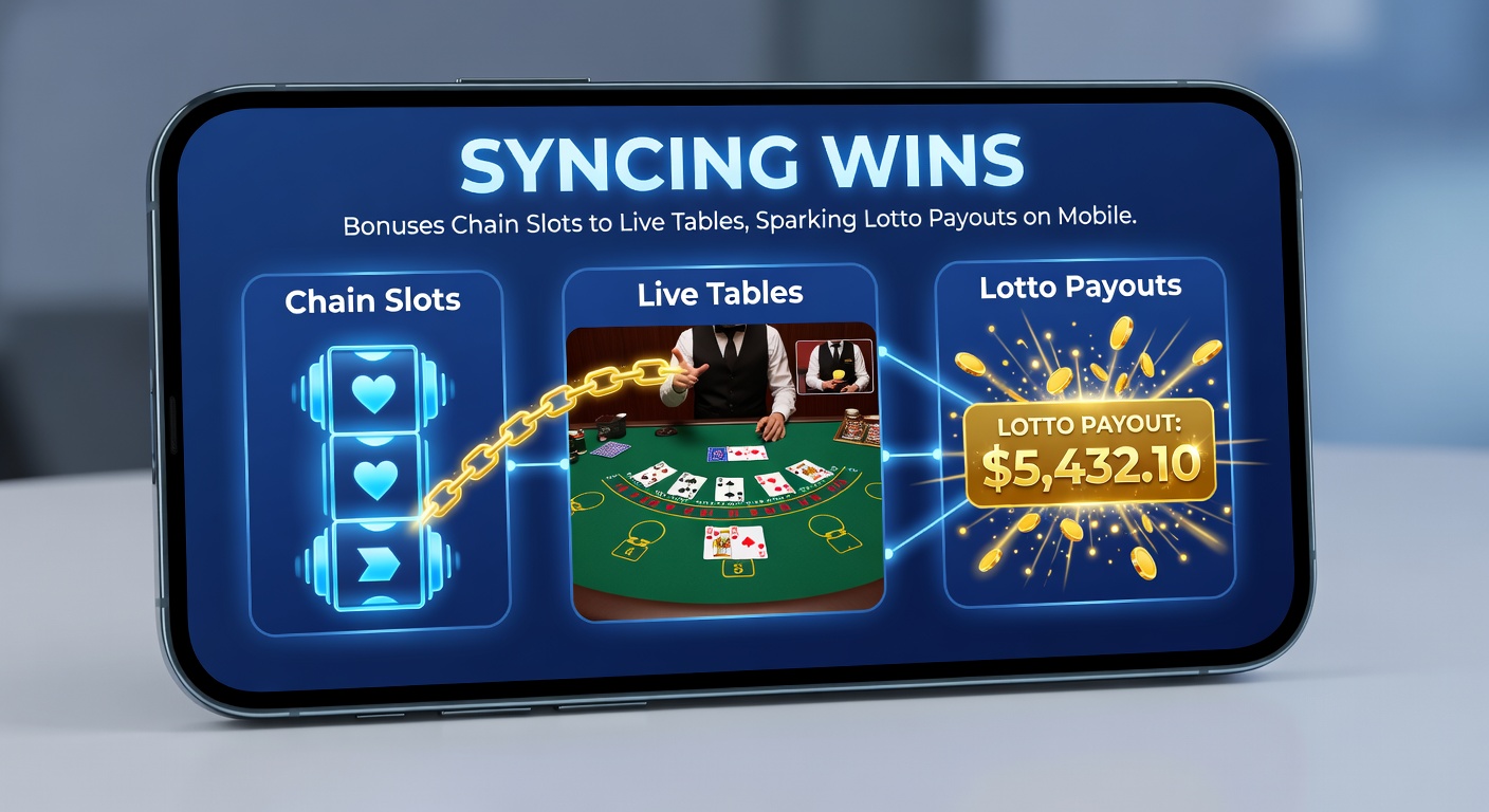 Dynamic graphic of bonus chains flowing from slot machine to live roulette wheel and exploding into lotto jackpot fireworks on a mobile interface