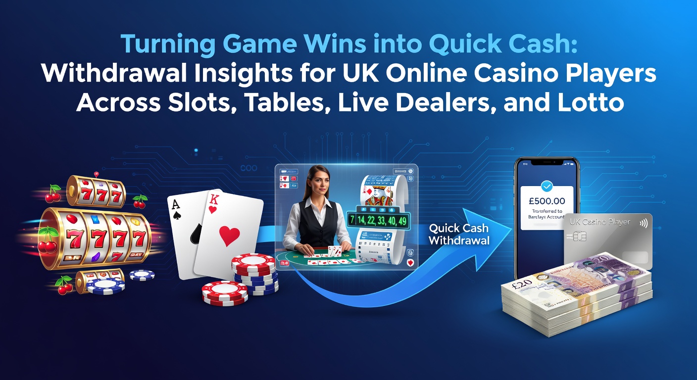 A digital graphic showing cash flowing from casino game icons like slots, cards, roulette wheels, and lottery tickets into a wallet, symbolizing quick withdrawals for UK players