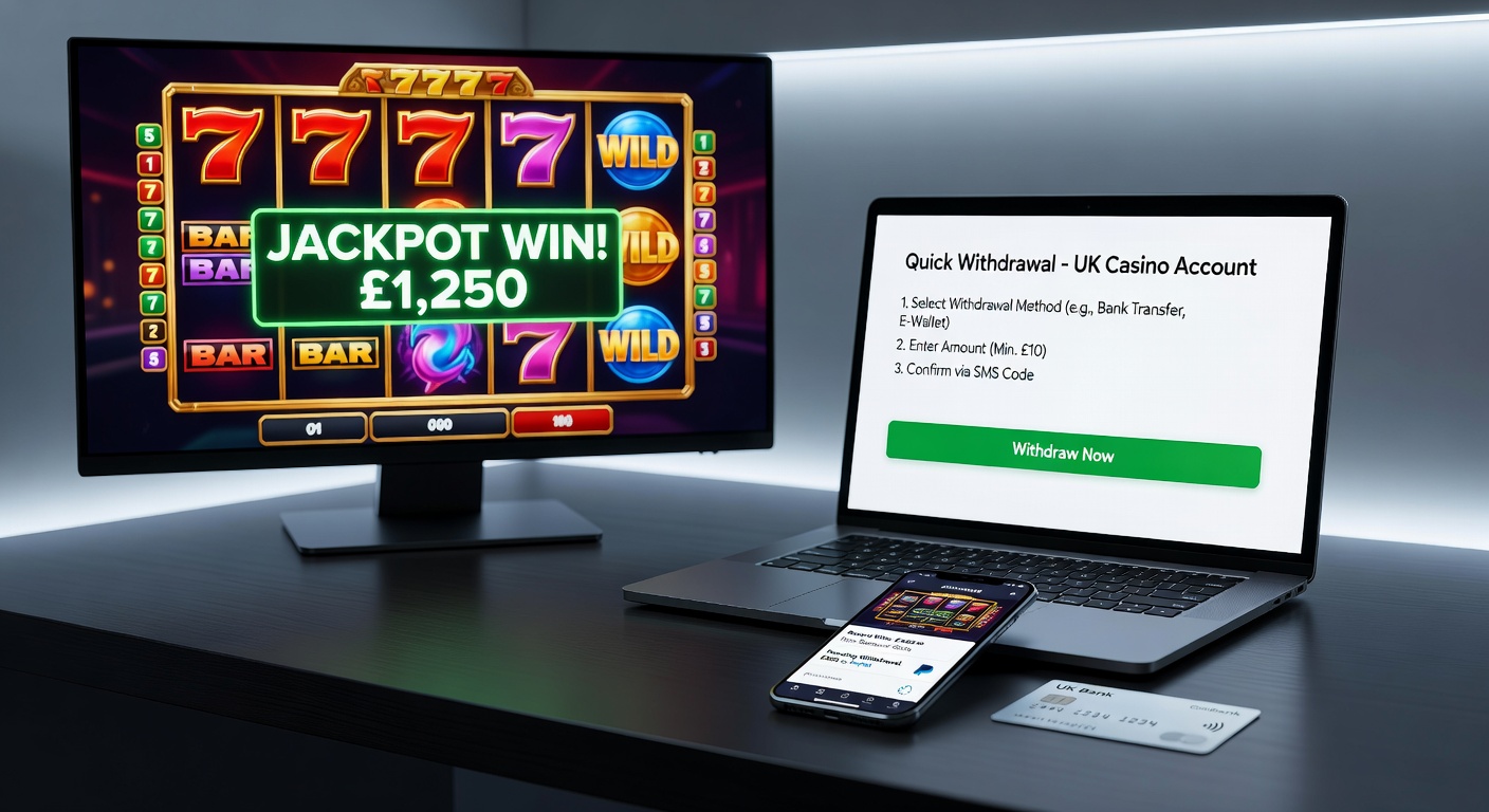 Screenshot of a mobile casino app displaying a successful withdrawal confirmation screen with slots jackpot, live dealer table, and lotto ticket icons, emphasizing speed for UK users