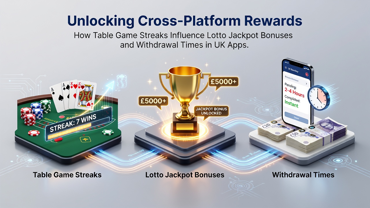 Illustration of cross-platform gaming rewards showing table games linking to lotto bonuses on UK mobile apps