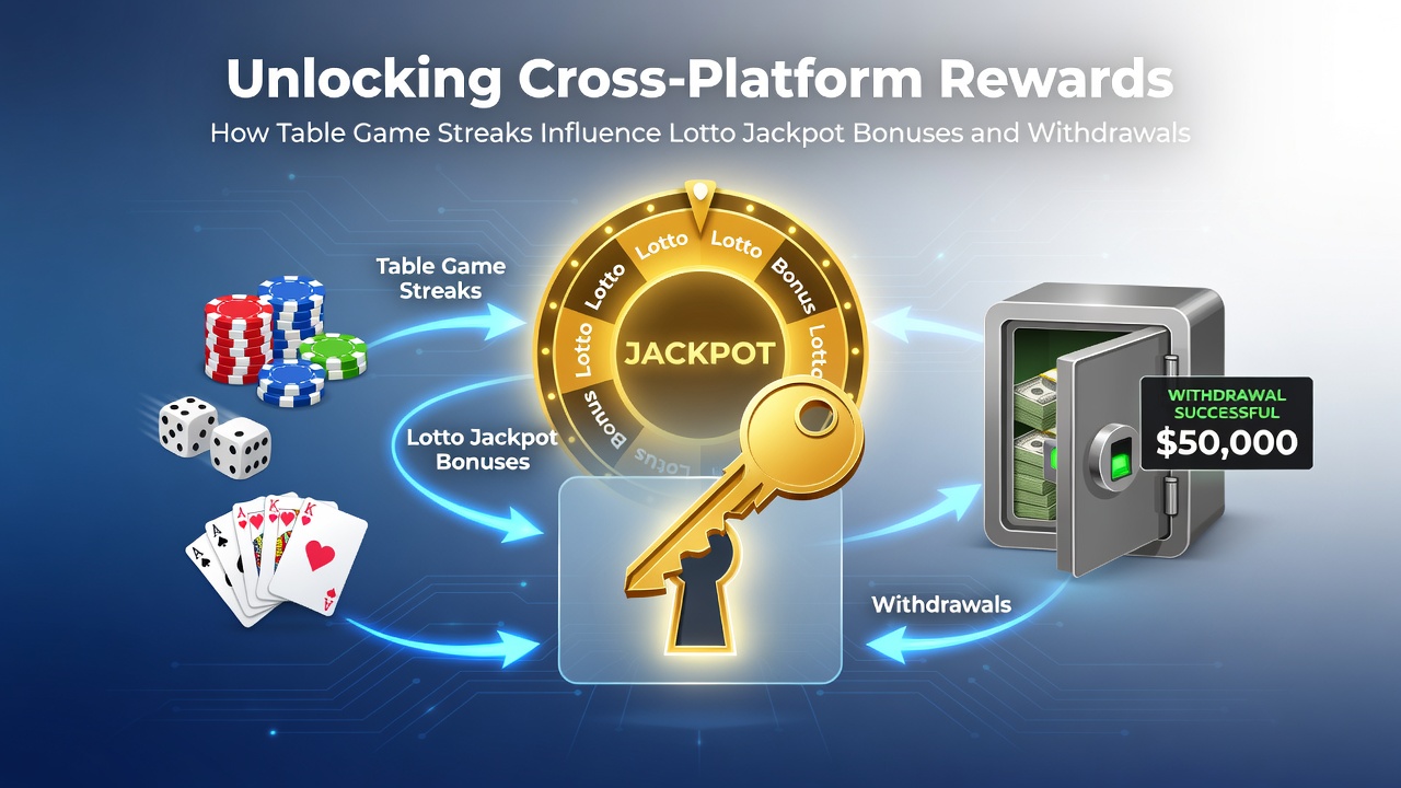 Screenshot of UK mobile app interface displaying table game streak influencing lotto jackpot and withdrawal status
